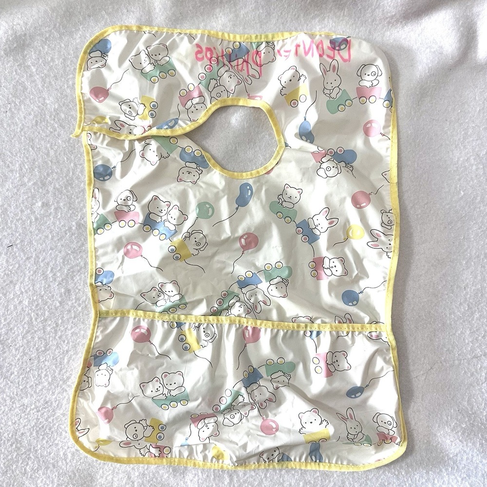 Vintage Gerber Toddler Snap‎ On Vinyl Bib Crumb Catcher Pocket Bunny Train